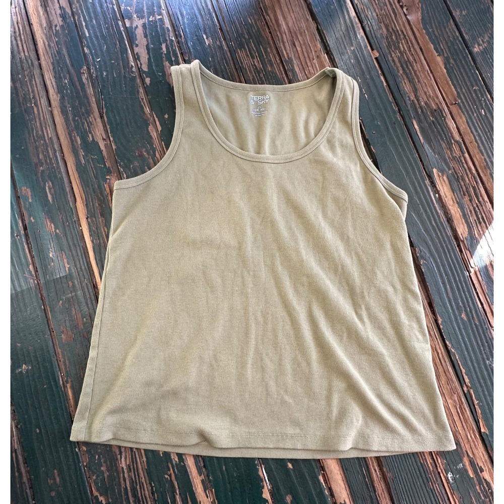 Terra & Sky Olive Green Ribbed Tank Top Plus Size 1X 16W-18W Sleeveless Top